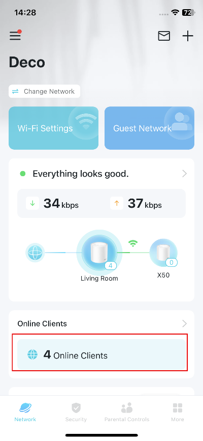 Deco app home screen showing network status, 4 Online Clients highlighted, and two Deco nodes (Living Room and X50).
