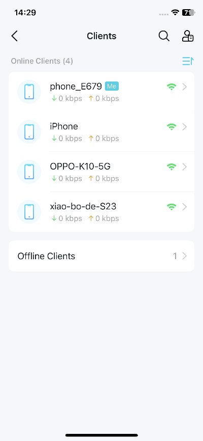 Deco app Clients screen showing 4 online clients including phone_E679, iPhone, OPPO-K10-5G, and xiao-bo-de-S23.