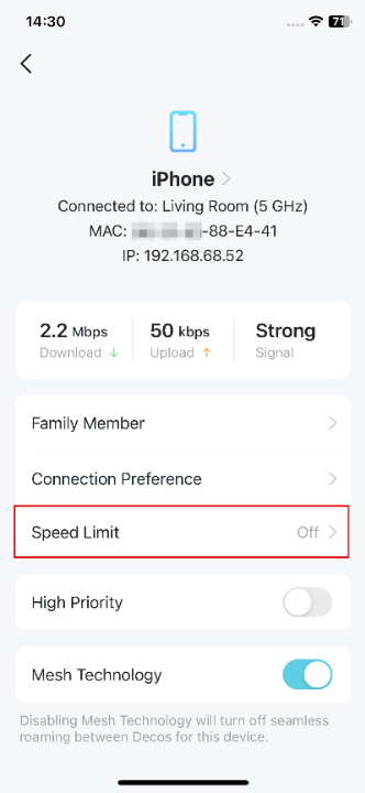 Deco app iPhone client detail screen showing connection info and Speed Limit option highlighted, currently Off.