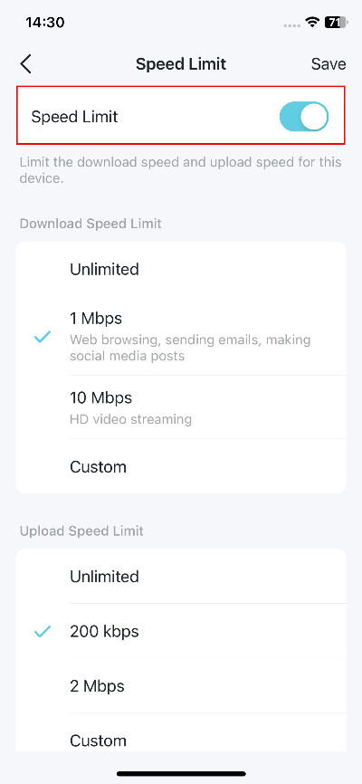 Deco app Speed Limit screen with Speed Limit toggle highlighted and enabled, download set to 1 Mbps, upload set to 200 kbps.