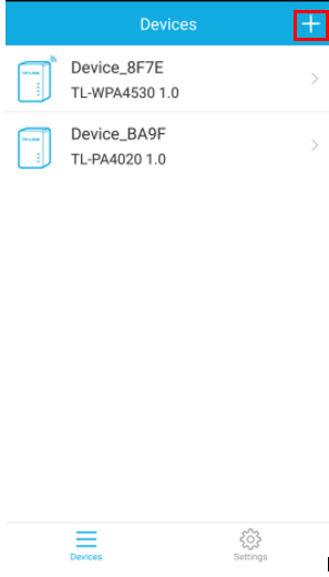 tpPLC app Devices screen showing two paired powerline devices, with the + button highlighted in the top right.