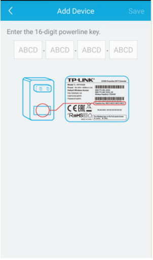 tpPLC Add Device screen prompting for the 16-digit powerline key, with the key location highlighted on the device label.