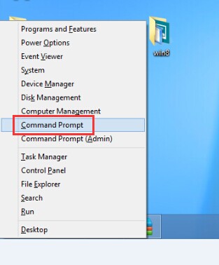 Windows 8 power user menu with Command Prompt option highlighted.