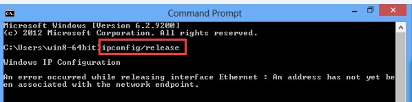 Windows 8 Command Prompt showing ipconfig/release command highlighted with error message about Ethernet interface.