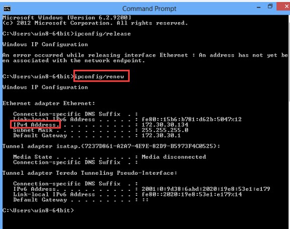 Windows 8 Command Prompt showing ipconfig/renew command and IPv4 Address both highlighted with renewed network details.