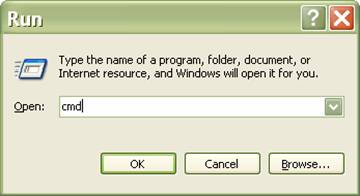 Windows Run dialog with cmd entered in the Open field.