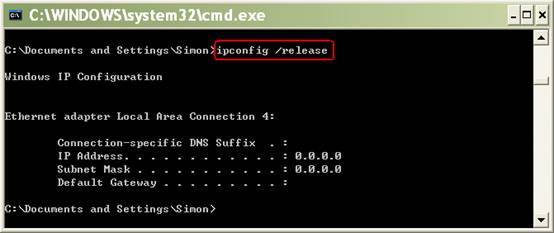 Windows command prompt showing ipconfig /release command highlighted with zeroed IP address result.