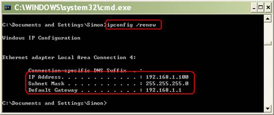 Windows command prompt showing ipconfig /renew command highlighted with renewed IP address, subnet mask, and gateway highlighted.