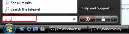Windows Vista/7 Start menu search bar with cmd typed and highlighted.