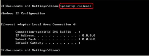 Windows command prompt showing ipconfig /release command highlighted with zeroed IP address result.