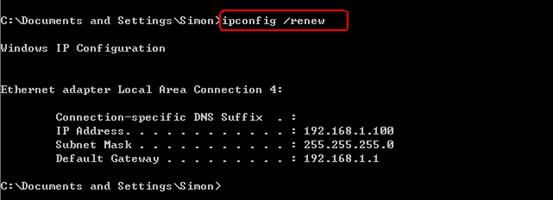 Windows command prompt showing ipconfig /renew command highlighted with renewed IP address, subnet mask, and gateway.