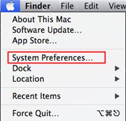 Mac Finder menu with System Preferences option highlighted.