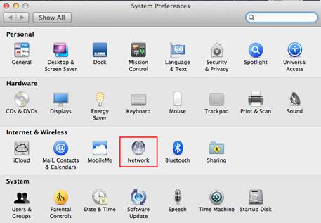 Mac System Preferences panel with Network option highlighted under Internet and Wireless section.
