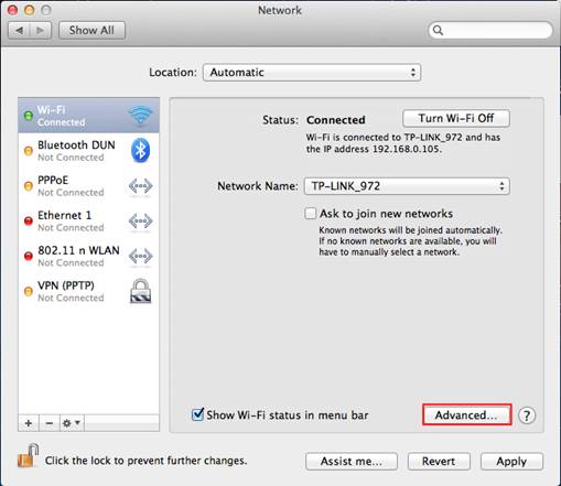 Mac Network settings showing Wi-Fi connected to TP-LINK_972 with Advanced button highlighted.