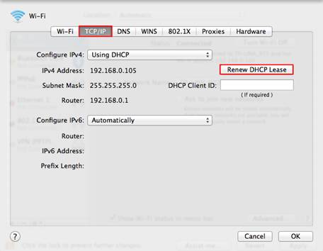 Mac Wi-Fi TCP/IP tab showing DHCP settings with Renew DHCP Lease button highlighted.