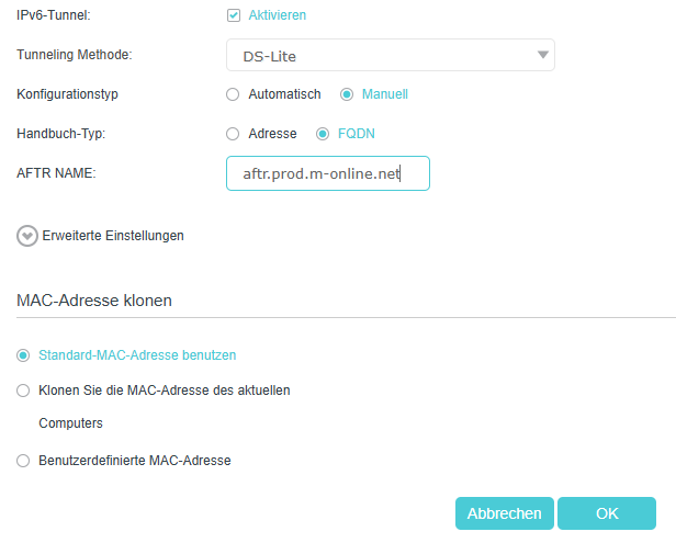 DS-LITE-Konfiguration für M-NET