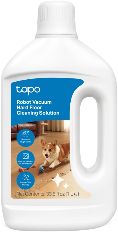 A 1-liter bottle of Tapo Robot Vacuum Hard Floor Cleaning Solution (Model RVA460) with a handle.