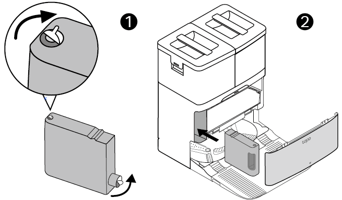 Remove the seal and sticker from the cleaning solution. Open the base cover and insert the cleaning solution with the cap toward the base.