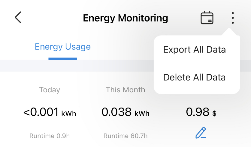A screenshot showing how to delete or export energy usage data.