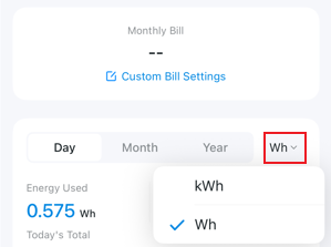 A screenshot showing the button to switch the display unit for energy usage.
