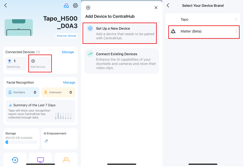 Tap Add Devices in the Tapo H500 Device page, then select Set Up a New Device and Matter (Beta).
