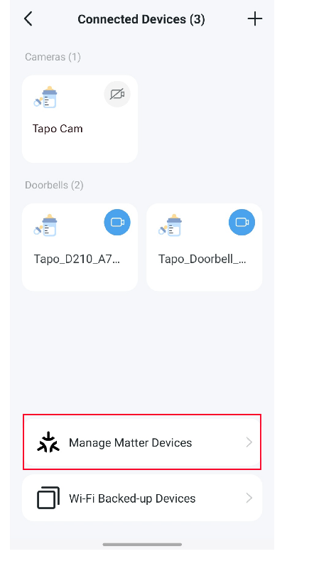 In Tapo H500 device page, tap connected devices, then manage matter devices.