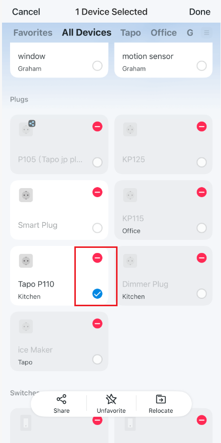 Long press the plug device card in the Home page, then tap the minus icon.