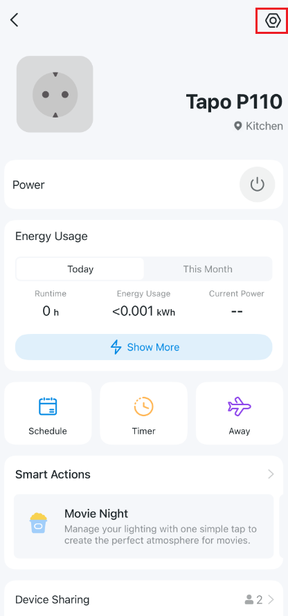 Tap the gear icon in the top right corner to enter device settings.