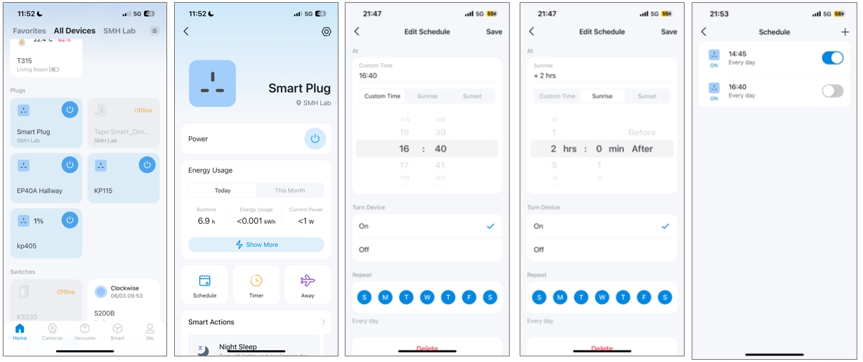 A screenshot showing the path to set schedule for smart plug via Tapo app.