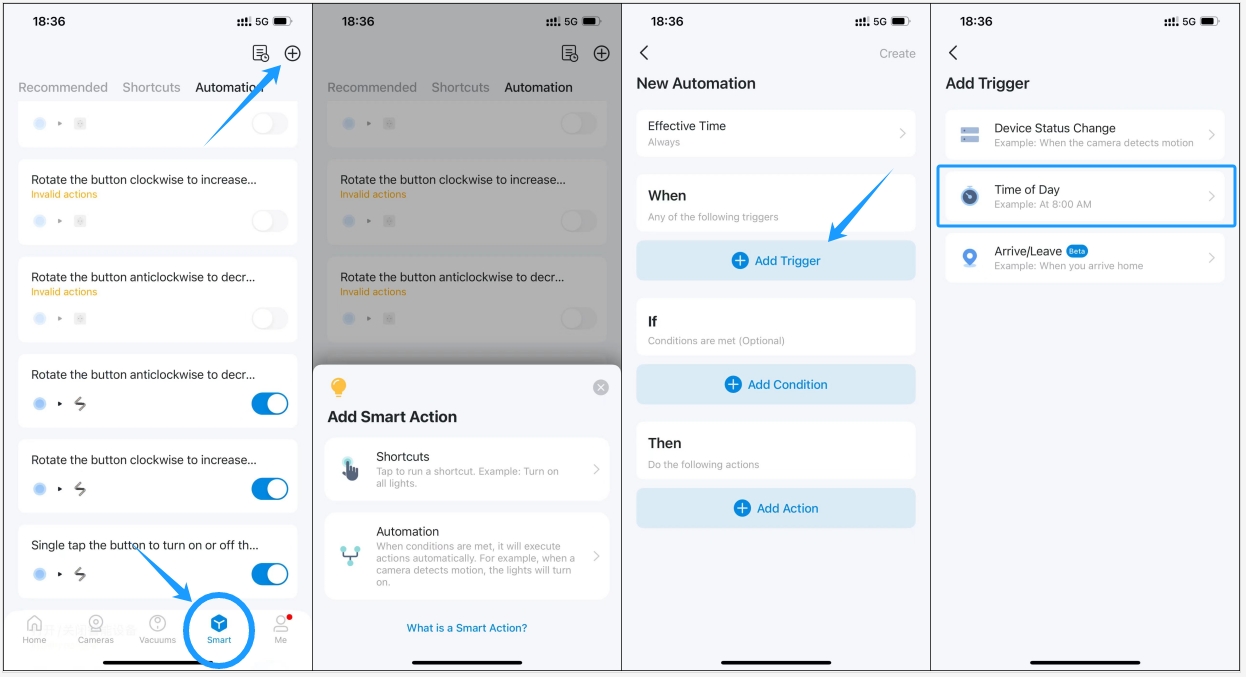 A screenshot showing the path to create a time schedule automation via Tapo app.