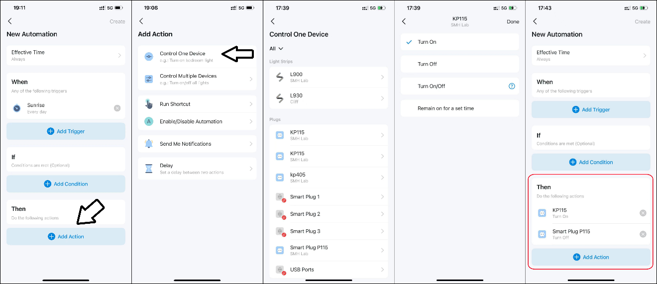 A screenshot showing the path to add action for one device in an automation.