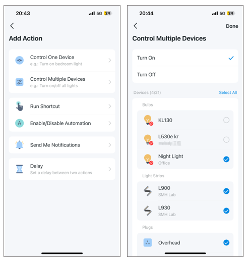 A screenshot showing the path to add action for multiple devices in an automation.