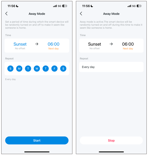 A screenshot showing how to set the time period and repeat time for Away Mode.