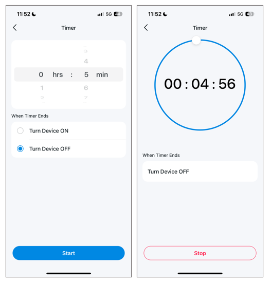 A screenshot showing how to set Timer via Tapo app.