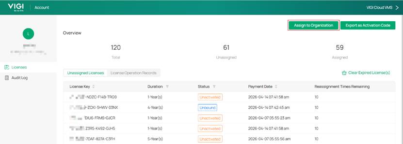 Click the Assign to Organization at the top right of the Licenses page.