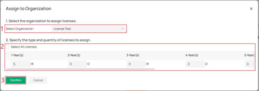License selection page