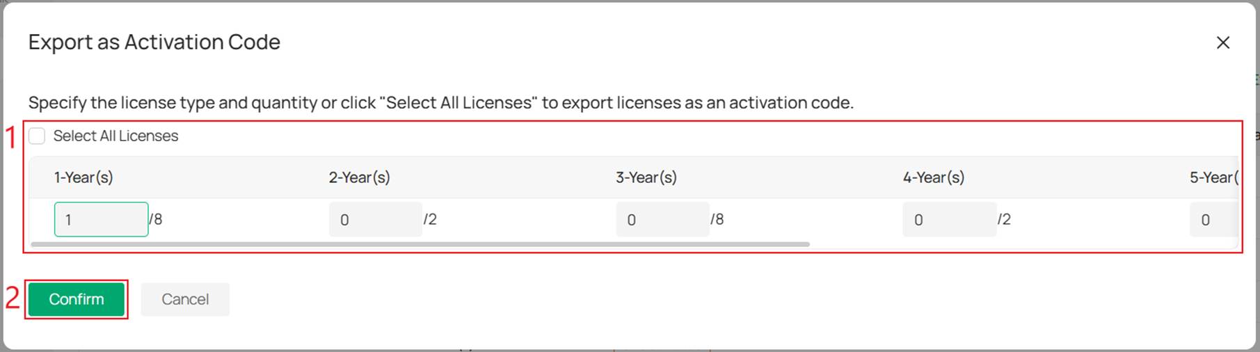 License selection page