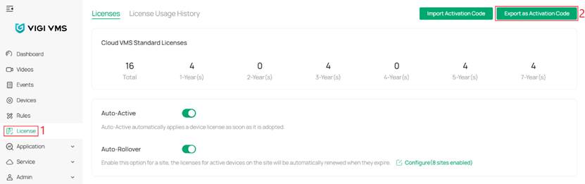 Export as activation code at the top right of the License page.