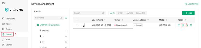 Settings icon in the Action column of the device list