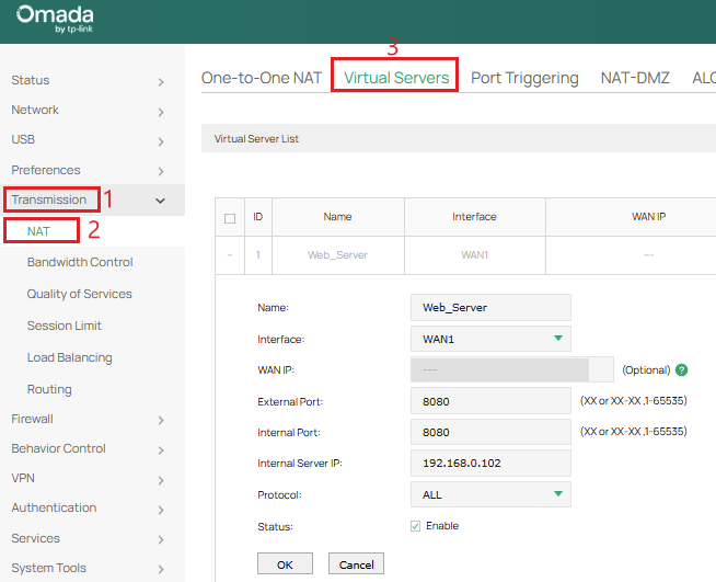 Virtual server configuration page.