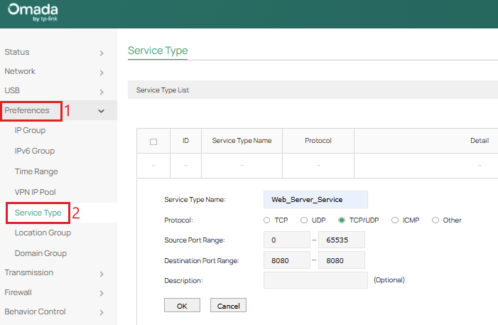 Service type preferences page.