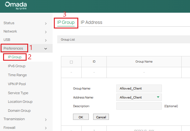 Creating IP group for allowed external client.