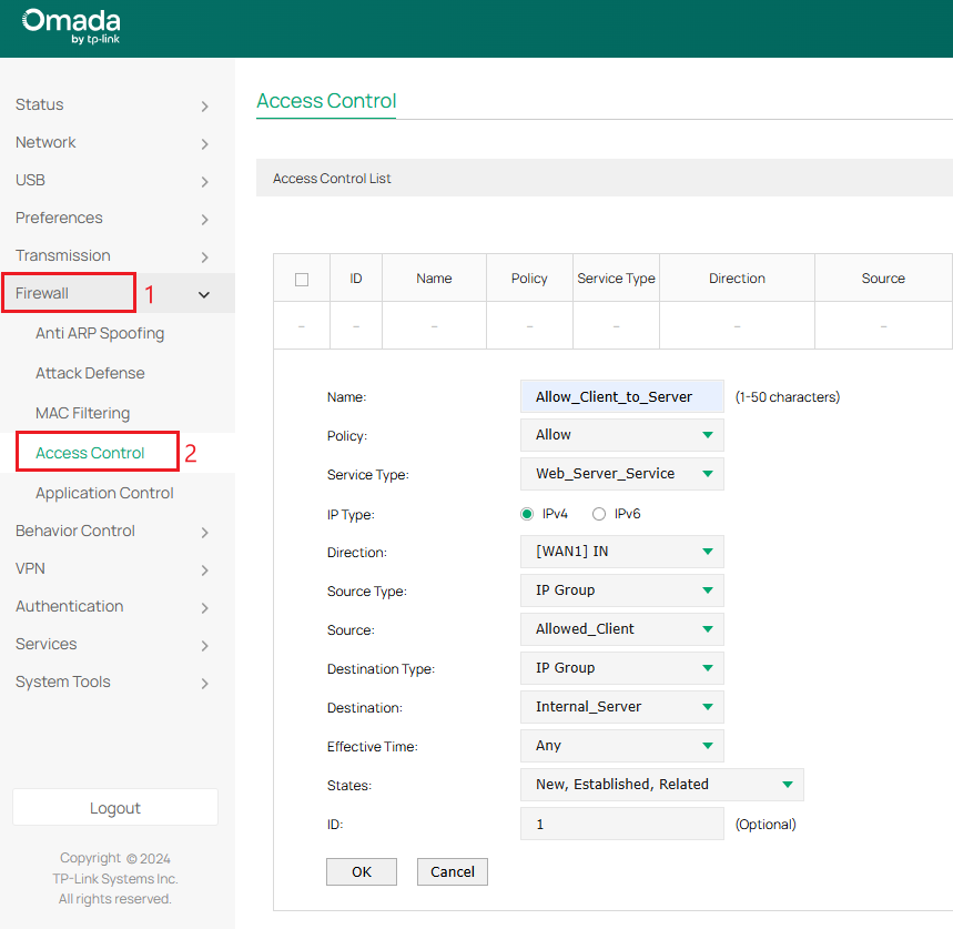 Allow ACL from external client to internal server.