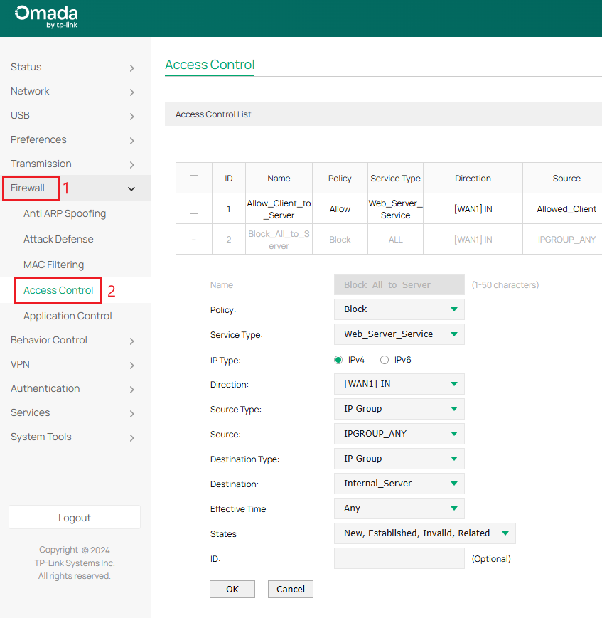 Block ACL from all to internal server.