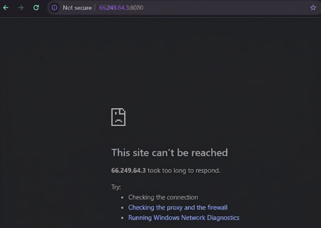 External client blocked from accessing internal server.