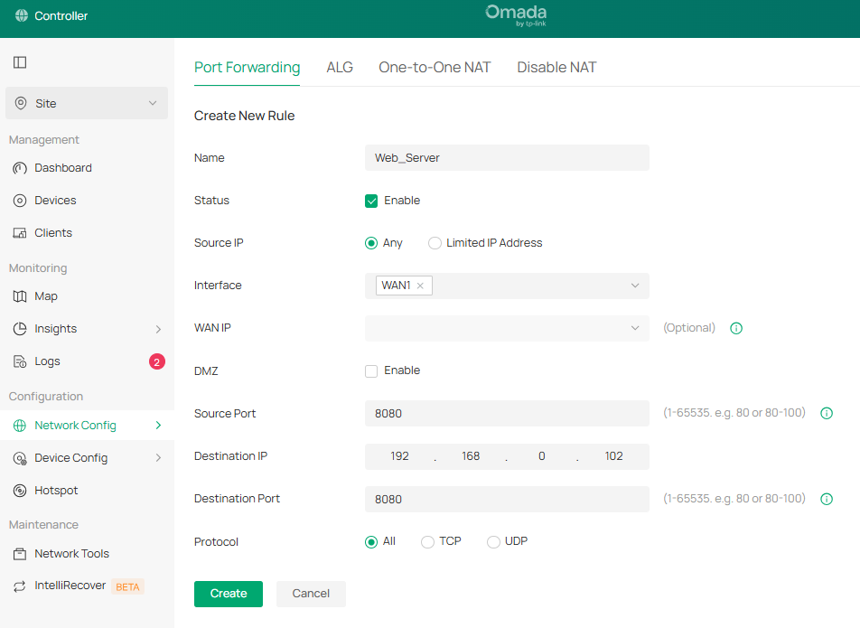 Port forwarding configuration page.