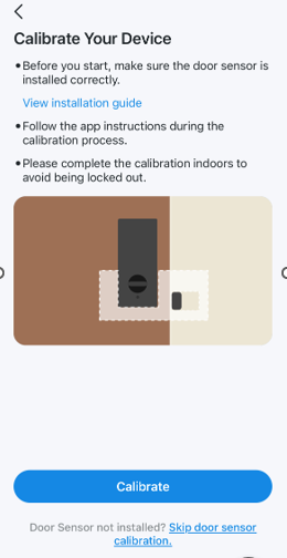 The Door Sensor Calibration page with the options Calibrate and Skip door sensor calibration.
