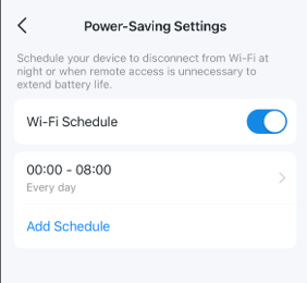 Power-Saving Setting page with options Wi-Fi Schedule on or off and Add Schedule.
