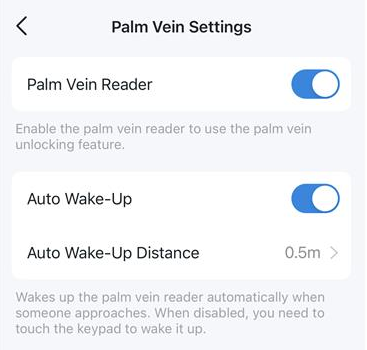 Screenshot of the Palm Vein Settings page: both the Palm Vein Reader and Auto Wake-Up features are enabled, and the Auto Wake-Up Distance is set to 0.5m.