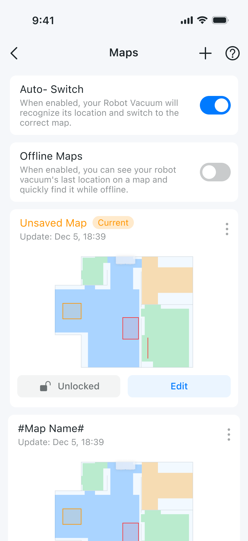 The Maps page showing the Auto-Switch and Offline Maps options.